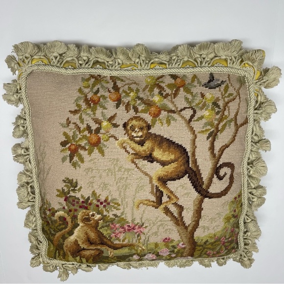 Handmade Needlepoint Monkeys Gold Velvet Back Tassel Fringe Zipper Pillow Cover - Picture 4 of 15